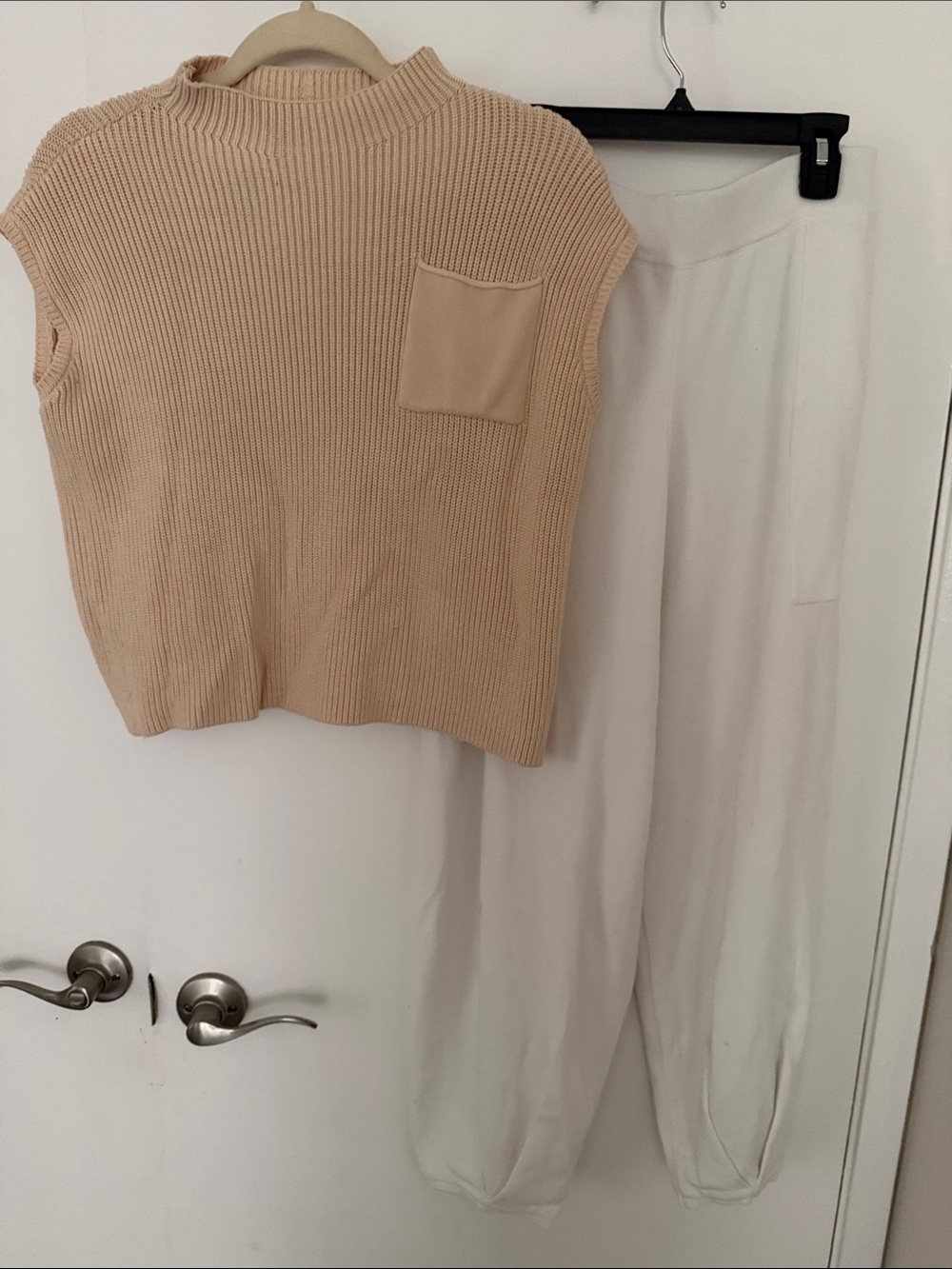 Amazon Beige Knit Sleeveless Top with White Track Joggers
